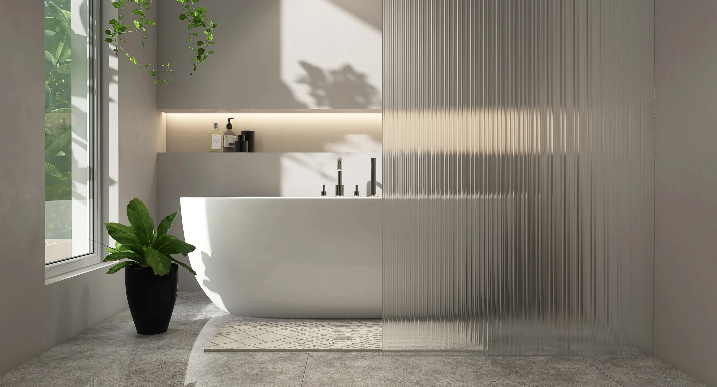 Salle de bain moderne haut de gamme avec douche à l'italienne vitrée, baignoire encastrée et double vasque